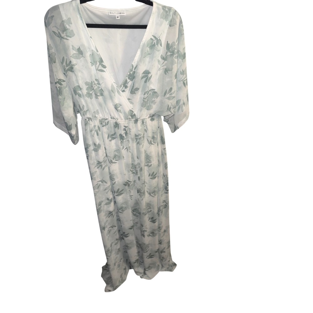 Baltic Born Katya Sage Floral Maxi Dress Wrap V-Neck Flutter Sleeve Green White - Picture 2 of 5